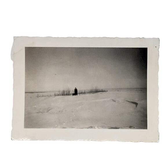 Vtg B&W Photo 1942 Found Distant Woman Posing In Snow Winter Scene Monochrome - Picture 1 of 4